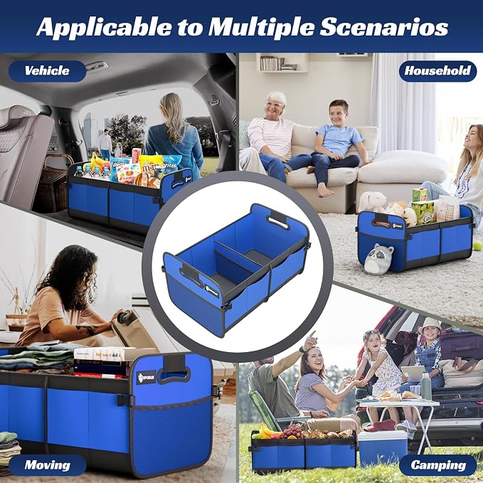 Sposuit Trunk Organizer for Car - 70L Collapsible Sturdy Car Storage, Blue | 11 Pockets & Reinforced Handles, Large Capacity, SUV Trunk Organizers for Grocery Cargo, Non-Slip Bottom