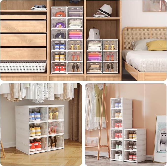 Shoe Storage Organizer Box 6-Tier Foldable Collapsible Stackable Shoe Rack Bins, Fit Size 12, No Assembly, for Men and Women