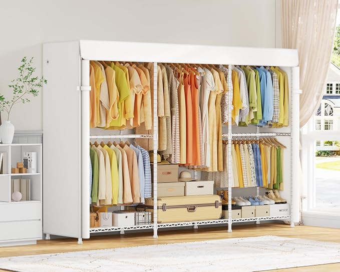 E14C Max Heavy Duty Closet Organizer System,Freestanding Clothing Racks for Hanging Clothes,Adjustable Garment Rack 86" W × 16" D × 77" H Hold 1060 lbs,White Rack with White Cover
