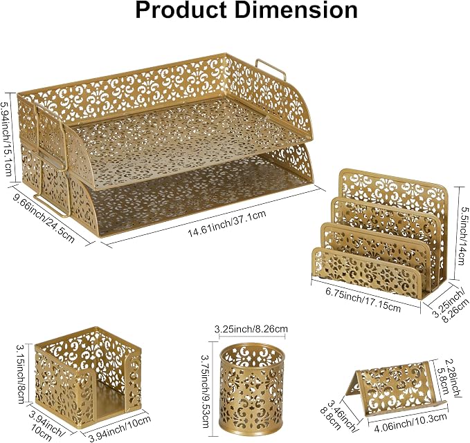 EasyPAG Desk Organizers and Accessories 5 Pieces Office Supplies Set - 2 Tier Paper Tray, Pencil Organizer for Desk, Mail Sorter Countertop, Business Card Holder and Sticky Note Holder, Gold