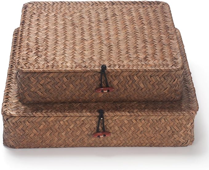 Seagrass Storage Baskets with Lids, Flat Wicker Basket, Shallow Woven Basket for Shelf, Decorative Storage Boxes for Organizing (Coffee)