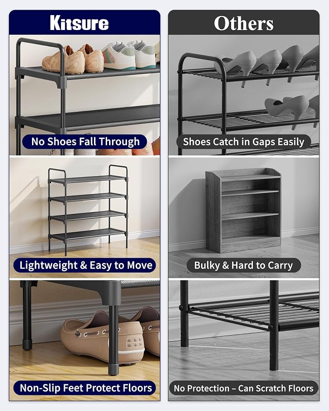 Kitsure Shoe Rack for Closet, 26.6" Wide - 4 Tiers, Black | Shoe Organizer for Front Door Entrance, Stackable Shoe Shelf, Closet Organizers and Storage