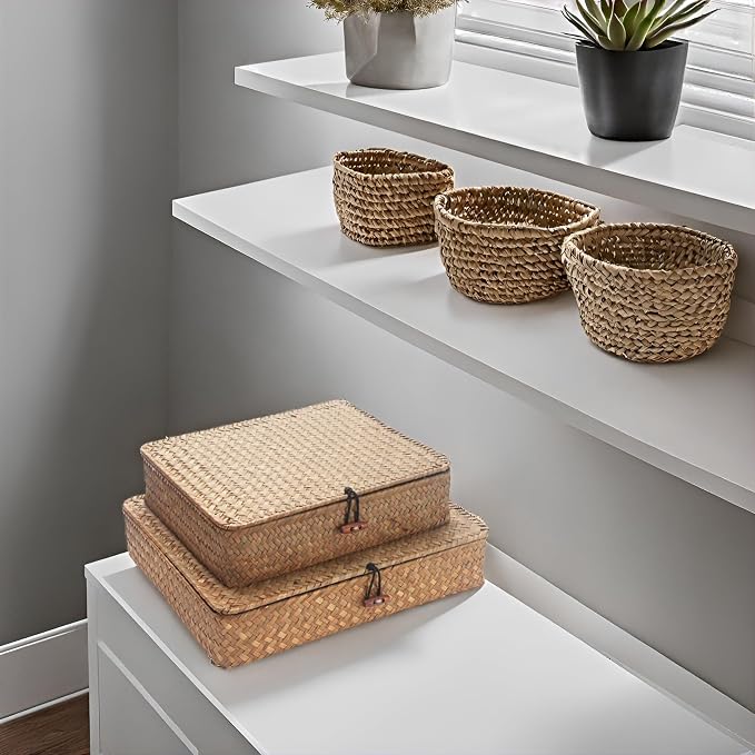 Seagrass Storage Baskets with Lids, Flat Wicker Basket, Shallow Woven Basket for Shelf, Decorative Storage Boxes for Organizing (Natural)