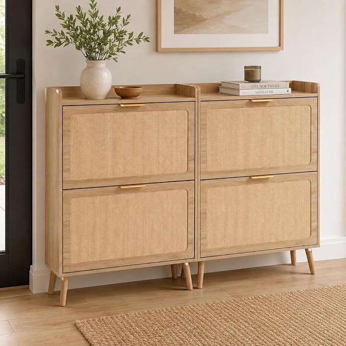 Shoe Cabinet, Rattan Shoe Storage Cabinet for Entryway with Flip Drawers | 2 Flip Drawers, Breathable Rattan, Odor Resistant, Hidden Shoe Organizer, Slim Space Saving, Narrow Cabinet, Entryway Storage