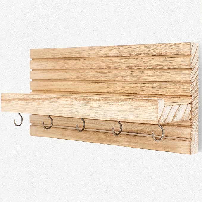 Lwenki Decorative Key Holder for Wall with Shelf, Entryway Shelf with Hooks Holds Leashes, Jackets and Glasses – Sturdy Wood Keyholder Entrance Hanger with Mounting Hardware (Wood, Medium)
