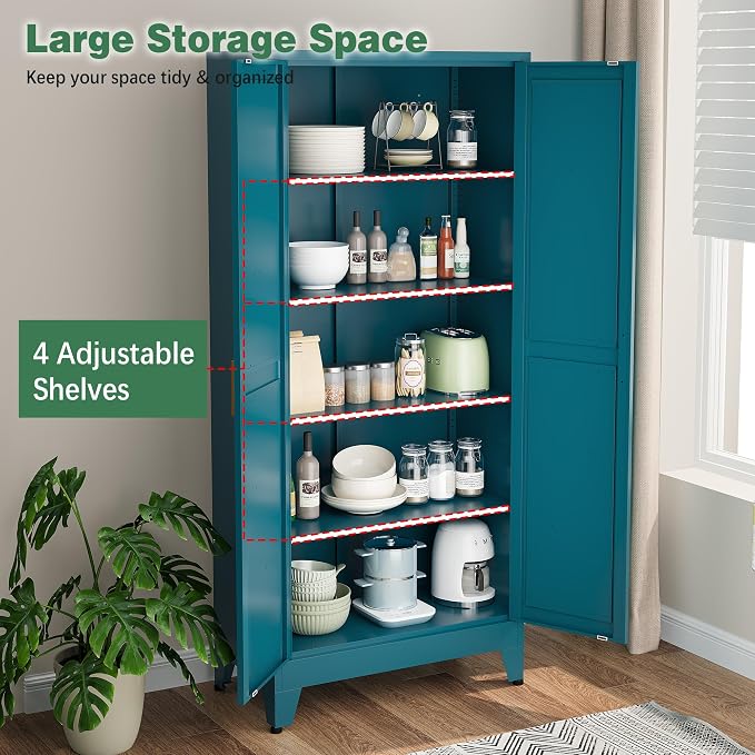 Bevivog 71" Tall Storage Cabinets Farmhouse Freestanding Tall Bookshelf with 2 Doors and 4 Adjustable Shelves, Blue Metal Pantry Cabinet for Kitchen Living Room, Home Office, Laundry, Bathroom