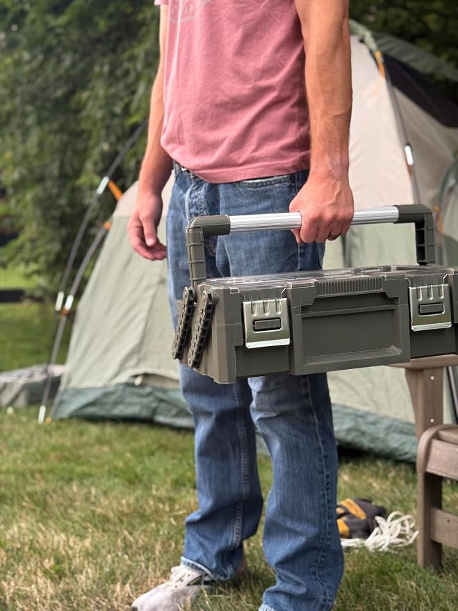 18" Cantilever Tool Box Organizer, Olive Green Heavy-Duty Tool Storage Box | 18 Removable Compartments, Metal Latches, Metal Carry Handle, Clear Lid & Two-Layer Full-Access Design