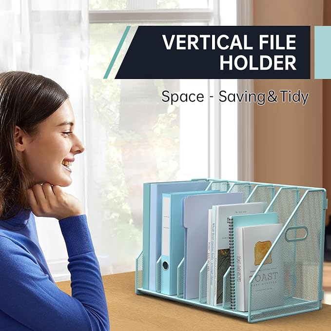MINDEPOT Desk File Organizer Folder Holder with 5 Vertical for Office, Blue