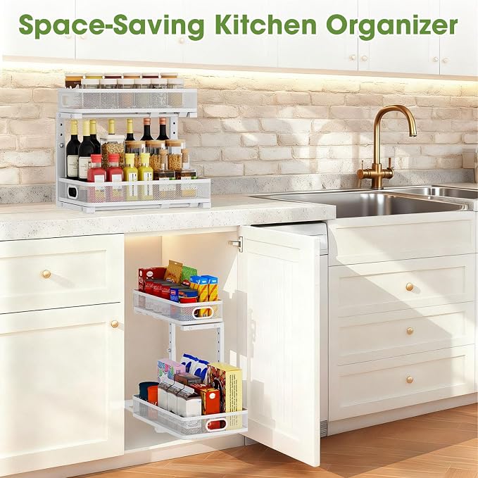 Under Sink Organizer 2-Pack, Metal 2-Tier Pull-Out Cabinet Shelf with Slide-Out Mesh Drawers, Height Adjustable, Space-Saving Under Sink Storage Racks for Kitchen, Bathroom, Laundry Room, White