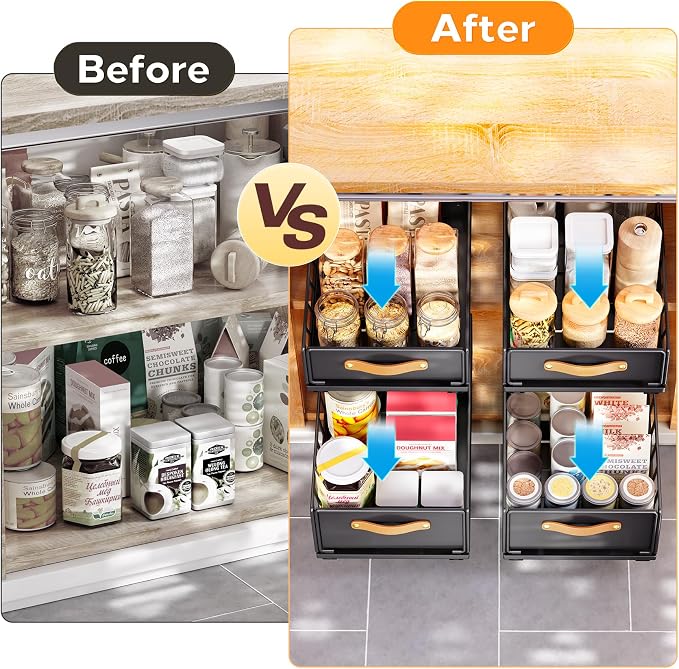 Pull out Cabinet Organizer,Heavy Duty Slide out Pantry Shelves Drawer Storage with Adhesive Nano Film,Sliding Mesh Cabinet Basket with Handle for Kitchen, Bathroom, Home, 9.8"W X 15.7"D X 6.2"H,Black
