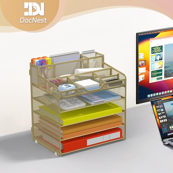 Docnest 5 Tier Mesh Desk Organizer with Letter Tray & Paper Sorter, Gold | Features 3 built-in pen holders & 5 adjustable compartments on top. Includes 4 non-slip rubber feet for desk protection