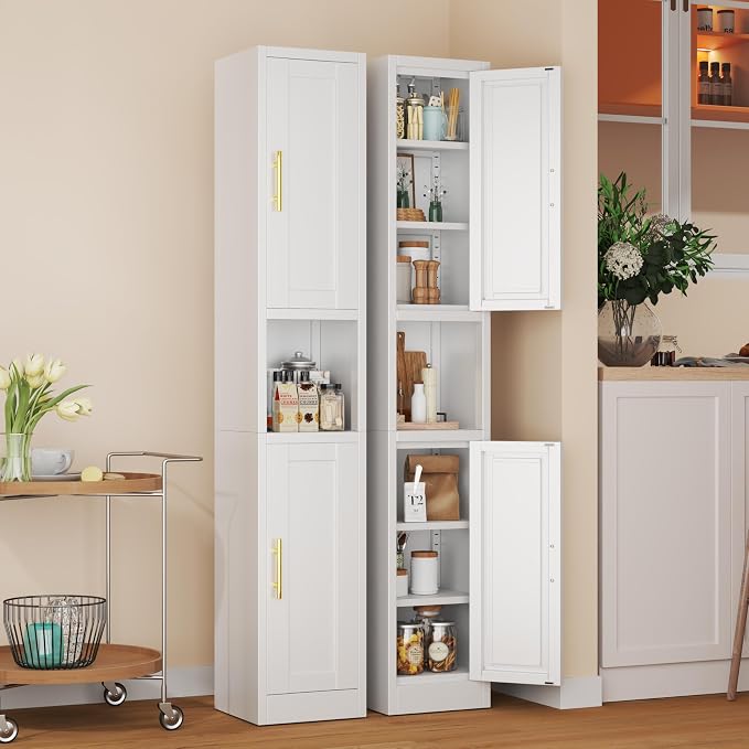 Tall Metal Narrow Bathroom Storage Cabinet 67" H, Tall White Pantry Cabinets with 4 Adjustable Shelves and 2 Doors for Kitchen, Home Office, Living Room, Dining Room(11.8 inches Wide)