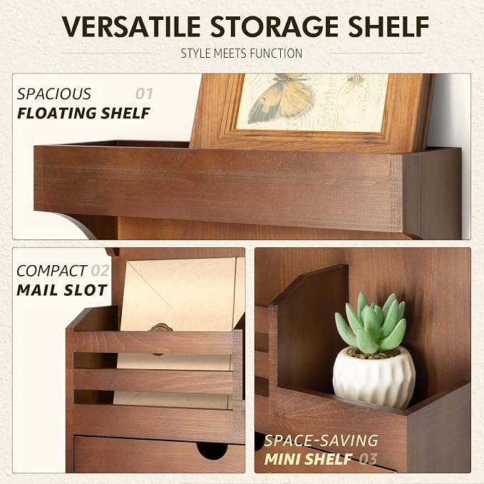 Rebee Vision Key Holder Wall Mount with Drawer Organizer for Entryway,Brown | Pine Wood, 6 Key Hooks, Display Shelf for Plants, Mail Slot for Storage Letter, Multi-Funtional Design, Home Storage