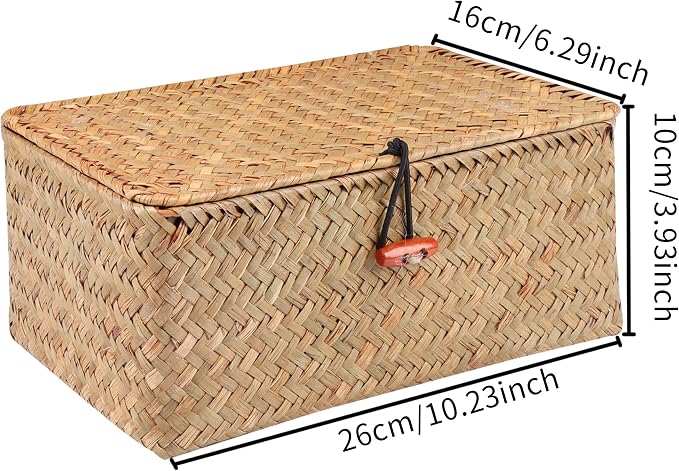 Moosky Wicker Shelf Baskets with Lid,Handwoven Seagrass Basket for Storage Basket Bins Rectangular Home Organizer Gift Boxes (Natural Large)