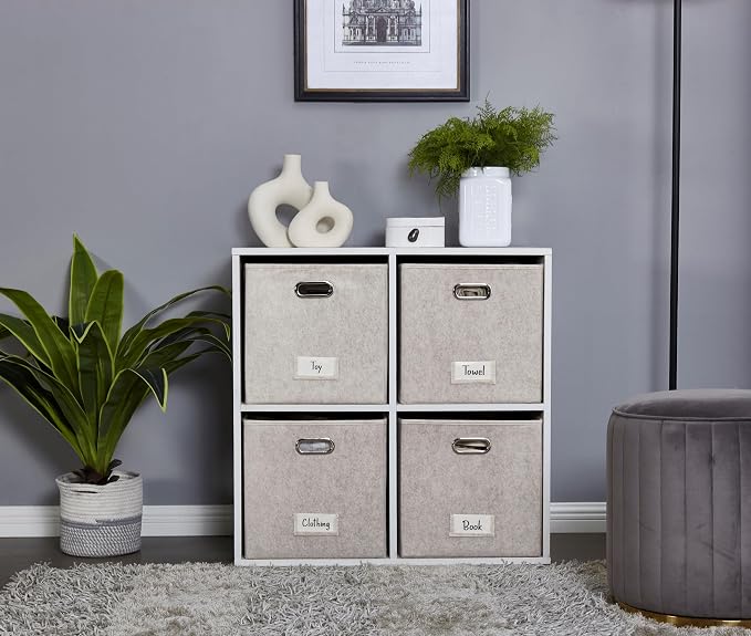 DECOMOMO Felt Storage Bins, 13x15x13 Storage Cube Bins with Labels | 4 Pack Storage Baskets for Shelves, Kallax (Beige)