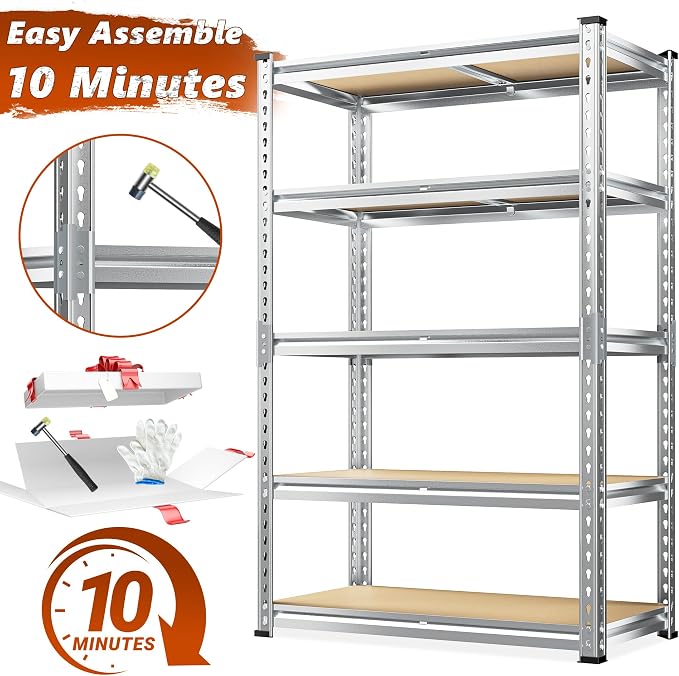 REIBII Garage Shelving, 5 Tier Storage Shelves Load 2400LBS, Adjustable Garage Shelving Heavy Duty, Metal Shelving Unit with Waterproof Columns, 35.5" W x 11.9" D x 72" H, Galvanized, 3 Pack
