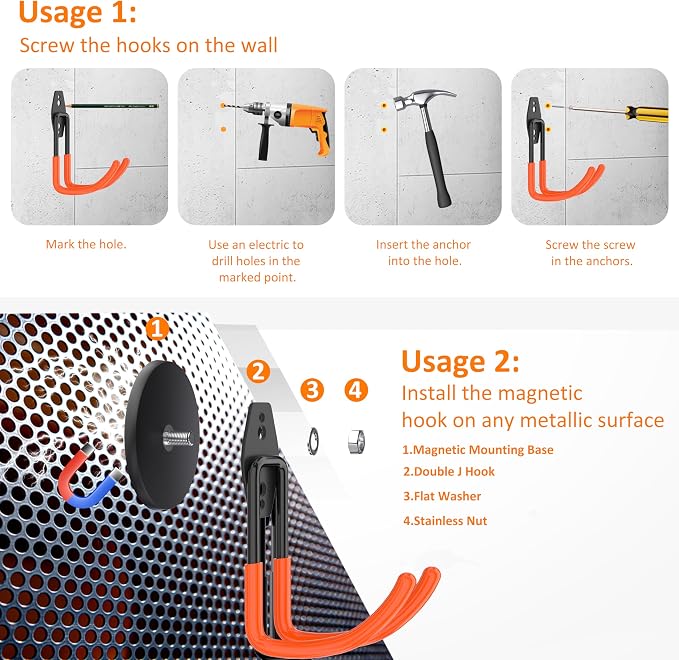 ENUODA Magnetic Hooks Heavy Duty Magnet with Hooks, Large Magnetic Tool Holder for Garage Organization Tool Chest, Shed, Container, Ladder, Broom, Shovel, Hose, Extension Cord, 2PCS
