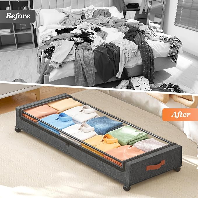 Yecaye 85 L Under Bed Storage with Wheels, 2 Pack Extra Large Under Bed Storage Containers with Metal Frame & Clear Lid, Rolling Underbed Organizer Bins Drawers for Clothes, Shoes, Blankets, Hemp Grey