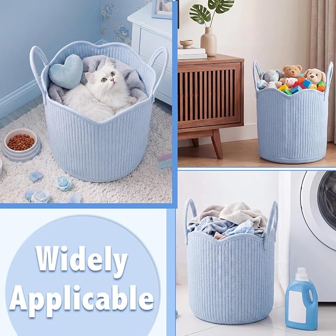 Newtay Blue Scalloped Woven Blanket Basket 12" x 12" x 12" Cotton Rope Laundry Basket Hamper Cute Round Decorative Storage Bin with Handles for Baby Nursery Living Room Bedroom Bathroom
