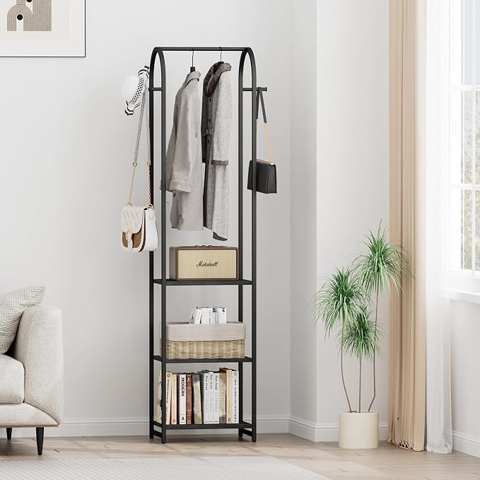 Garment Rack, Coat Rack with 3 Shelves and 4 Hooks, 71" H Clothes Stand for Hanging Clothes, Hanging Rod for for Bedroom, Hallway, Entryway, Office, Living Room, Black