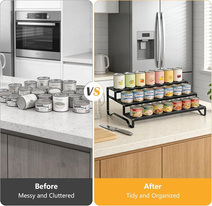 Expandable Can Organizer for Pantry, 3 Tier Metal Canned Food Storage | 13"-21" Adjustable Length, Tiered Reversible Shelf Design, Large-Capacity Storage for Pantry Kitchen Cabinets & Countertops
