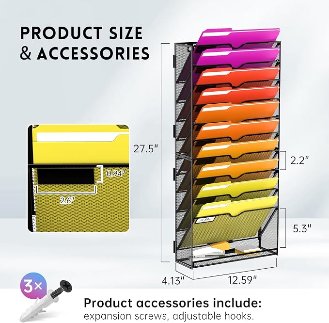 2-Pack 11-Tier Wall File Organizer with Base and Hooks, Black | Wall Organizer and Wall File Holder with 11 Vertical Pockets and Bottom Tray for Files, Mail, Folders, Magazines and Paper