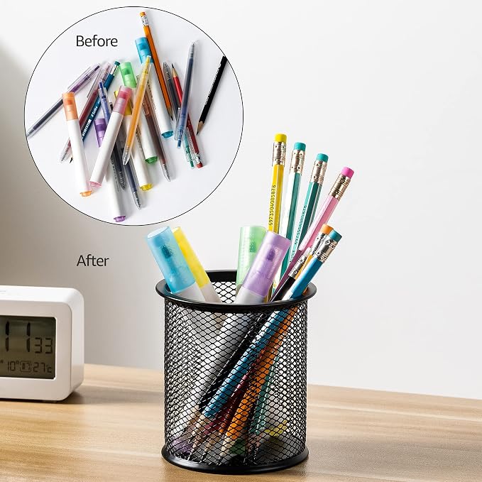 Amazon Basics Wire Mesh Pen Holder, Pencil Cup Desk Organizer for Stationery, Scissors, Office Caddy Storage, 3.7" x 3.3", Black