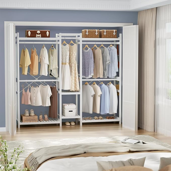 Bamboo Closet System Clothes Rack, Large Freestanding Garment Rack Clothing Rack for Hanging Clothes with 7 Storage Shelves and 5 Rods, Open Wardrobe Organizer with 4 Hooks, White