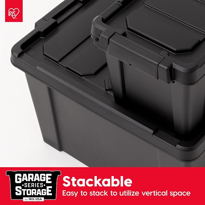IRIS USA 6-Pack 5 Gal Heavy Duty Lockable Storage Totes with lids, Black | Built for tools, hardware, emergency supplies and small equipment, Stackable design keeps spaces organized