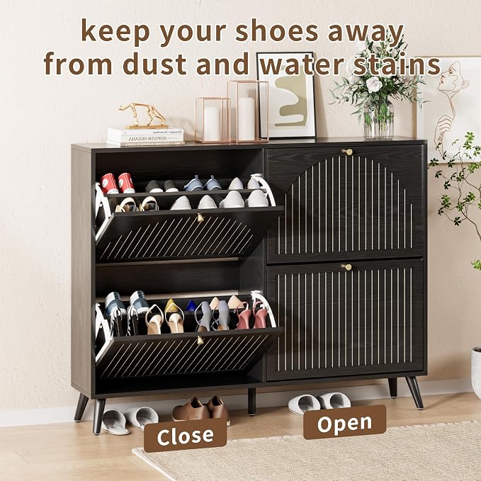 Fsbecl Shoe Storage Cabinet for Entryway with 4 Fluted Flip Drawers, Black | Narrow Design, Freestanding Shoe Rack with Adjustment Shelves, Wooden Hidden Organizer for Hallway Foyer, 16-24 Pairs