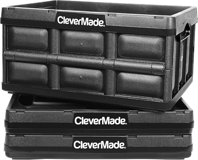 CleverMade Collapsible Storage Bins, 32L, 3 Pack, Obsidian | Reinforced plastic handles groceries, tools, and sports gear. Interlocking bins stack open and nest compactly when folded.