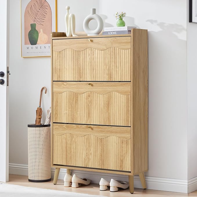 BERRYMERRY 51.2" Tall Shoe Storage Cabinet with 3 Flip Drawers for Entryway | narrow,entryway,adjustable feet,24 pairs shoe,shoe organize,hidden shoe rack,fluted panel,wave pattern,wood,space saving