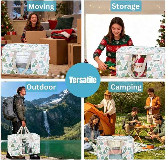 VENO 6 Pack Moving Bags, Large Christmas Storage Bins with lids, Packing Supplies for College, Alternative to Moving Boxes, Foldable, Heavy-Duty Tote, Christmas Pattern (Pastel Forest, 6 Pack)