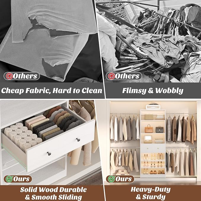 Wood Closet Organizer System - 4FT-9FT Expandable Wardrobe Closet with Drawer & 4 Hanging Rods, Heavy Duty Walk-in Closet 1000Lbs for Bedroom Walk-in Closet, White