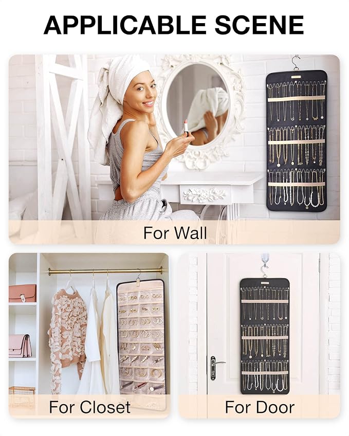 BAGSMART Hanging Jewelry Organizer Necklace/Earring/Ring 2-Sided L Black | Jewelry Holder Organizer Storage with Hanger Metal Hooks Double-Sided Jewelry Holder on Closet, Wall, Door