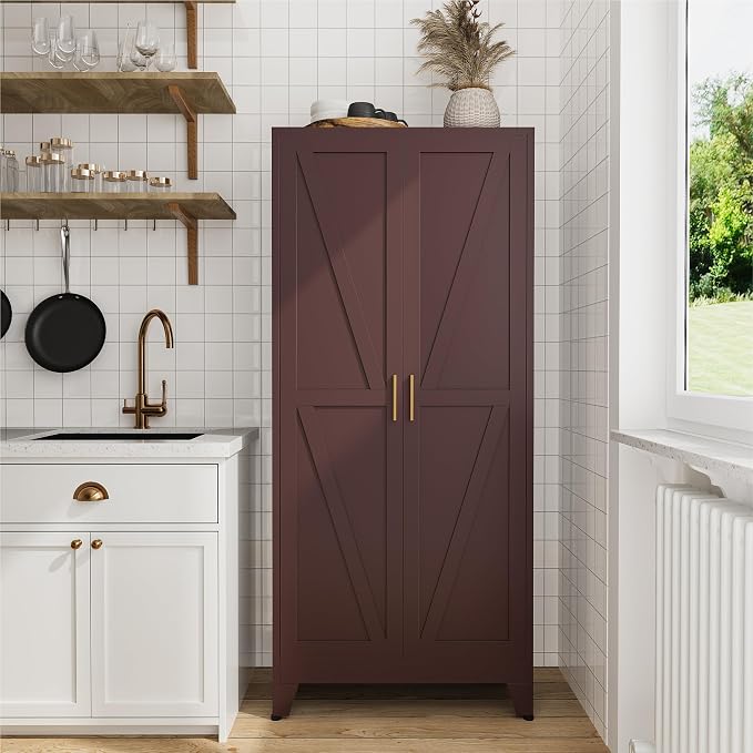 COFaR 61" Metal Storage Cabinet with Doors and Adjustable Shelves, Tall Pantry Cabinet Freestanding Kitchen Pantry Storage Cabinet, Steel Cupboard for Bathroom, Living Room & Office, Reddish Brown