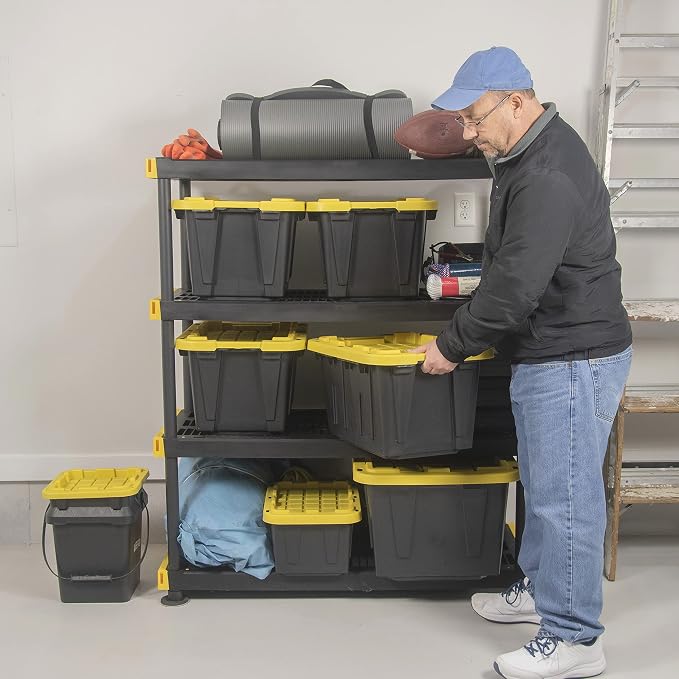 CX Heavy Duty 12-Gallon Stackable Plastic Storage Bins with Lids, 4 Pack | Storage totes for garage organization, Stackable containers, weather-resistant, snap lid, 12.5H x 16.3W x 21.8D, Black/Yellow