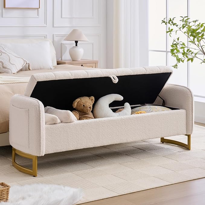 66" End of Bed Bench King Size, Teddy Boucle Storage Bench for Bedroom Foot of Bed, Storage Ottoman Bench with Golden Legs and Pillows for Living Room Window Entryway, White