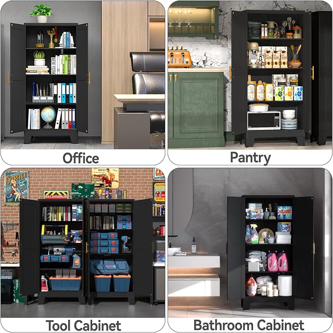PAOFIN Metal Kitchen Pantry Storage Cabinet | 61" Freestanding Cupboard with 3 Adjustable Shelves for Kitchen, Living Room and Dining Room (Black)