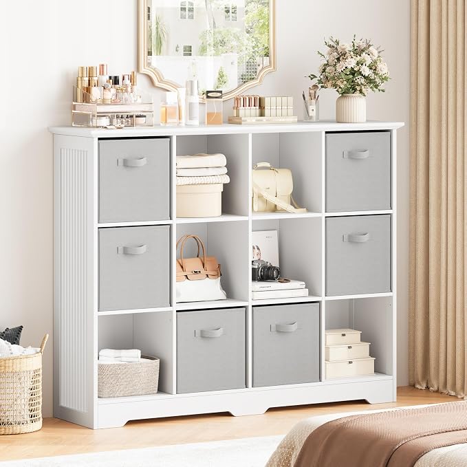 12 Cube Storage Organizer Shelf, Wood Cubby Storage with 6 Fabric Drawers | 3 Tier Wooden Bookshelf with 2 Adjustable Shelves, Fluted Side Panels Bookcase for Records, Books, Ornaments