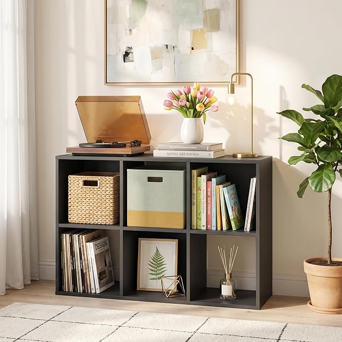 6 Cube Storage Organizer, Black Cube Bookshelf, Multifunctional Bookcase | 3-Tier Floor Standing Open Bookshelf with Removable Back Panels, Display Cabinet for Study Dining Room Home Office Bedroom