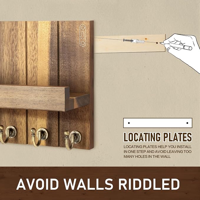 Rebee Vision Acacia Wood Key Holder Wall Mount with Shelf Home Decor, Brown | 3.54'' x 10'' x 7.28'', Floating Shelf, Plant Display, Key and Mail Holder for Wall, Rustic Accent for Apartment Storage