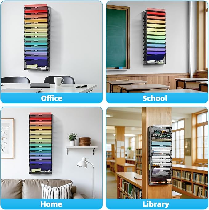 Marbrasse Wall File Holder 13-Tier Hanging Wall File Organizer, for Papers, Files Clipboard & Magazine Organizer, Wall Mount File Holder Great for Office Home (Black)