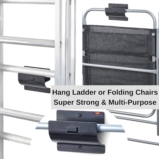 Ladder Hanger Set of 4 for Garage Wall - Black Heavy Duty Utility Hook | Wall Mount Step Ladder Storage, Versatile Tool Holder To Maximize Space In Shed, Workshop, Hang Wheelbarrow, Folding Chair