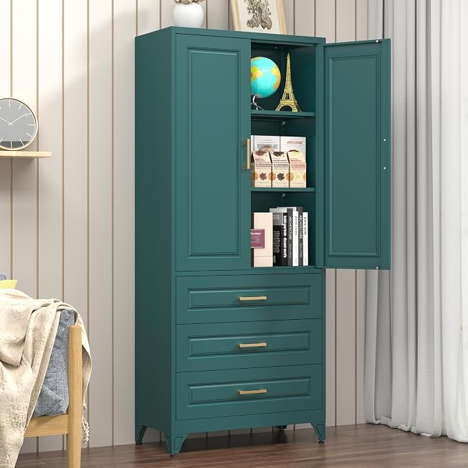 Polup 75" Metal Storage Cabinet, Kitchen Pantry Cabinet with 3 Drawers | Heavy-Duty Green Tall Cabint with 2 Doors and 3 Adjustable Shelves, Magnetic Latch, Gold Handles, for Dining Living Room