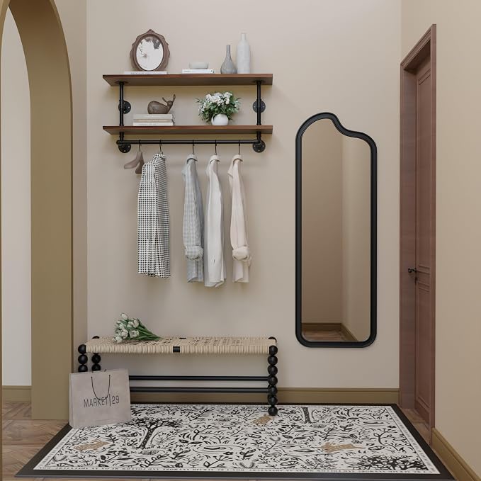 Clothes Rack 36in, Wall Mounted Garment Rack with Real Walnut Wood Shelf, Heavy Duty Hanging Clothes Rack, Multi-Purpose Hanging Rod, Space-Saving Closet Storage
