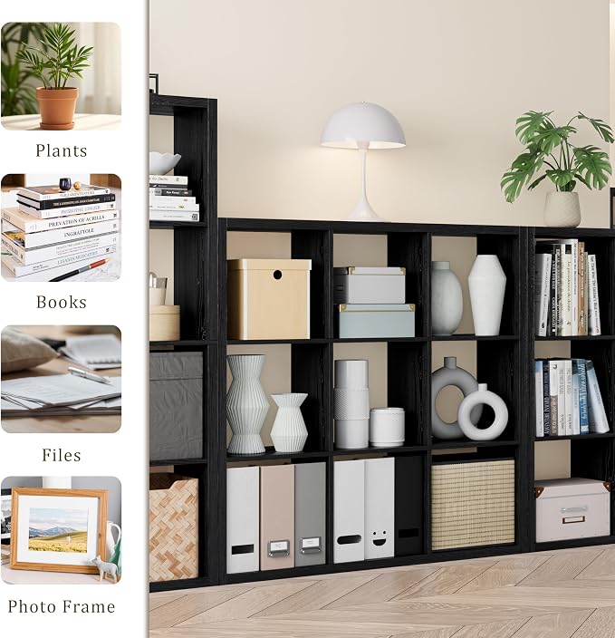 VDNEND Cube Storage Organizer Bookcase, Decorative 11 inch Open Back Cubical Shelf with Thickened Border, Display Bookshelf for Living Room, Home Office, Sturdy Room (Black, 9 Cube)