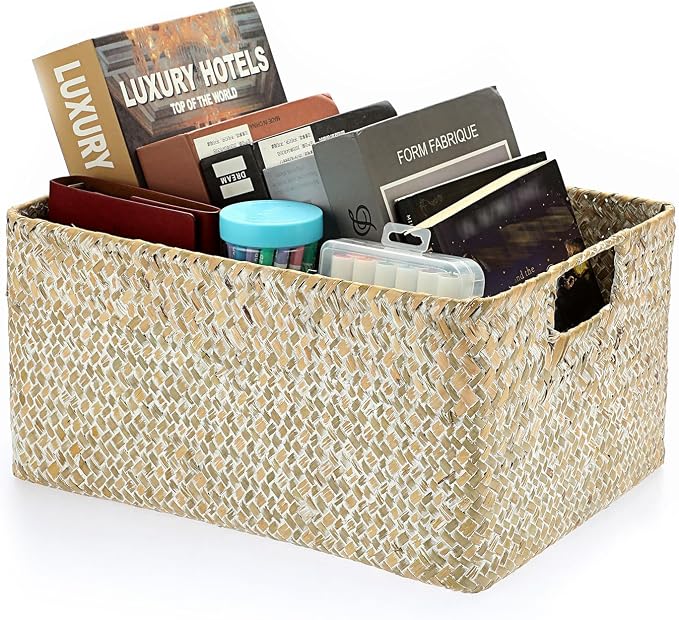 Hipiwe Seagrass Storage Basket Bin Rectangular Handwoven Wicker Storage Box with Handle Opened Baskets for Shelf Organizing Closet Bathroom, 13.3 x 9.8 x 6.7 Inch