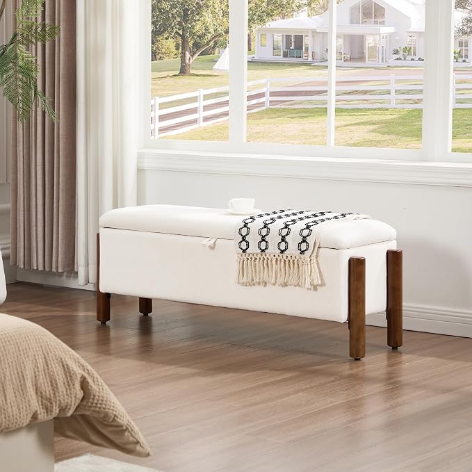 55'' Modern Storage Ottoman Benches | Walnut Wood Legs 26 Gallons Storage Space Fabric Upholstered Seating End of Bed for Bedroom Livingroom White