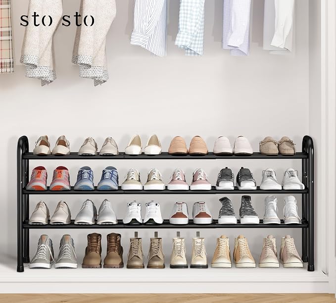 STO STO Long Expandable Shoe Rack 3-Tier, Adjustable Length 33.7”–47.5” Shoe Organizer, Metal Shoes Storage Shelf, Holds Up to 24 Pairs, Non-Slip Feet, for Closet, Entryway, Hallway, Front Door, Black
